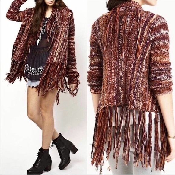 Free People Boho Birkenstock Boho Tassel Fringe Cardigan Sweater Red Multi Small - Picture 3 of 9